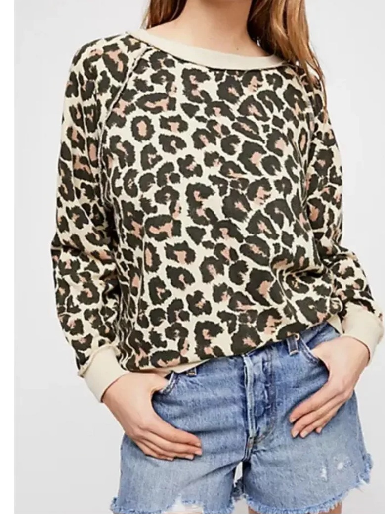 Free People Womans Leopard Print Crewneck Pullover Sweatshirt Size S